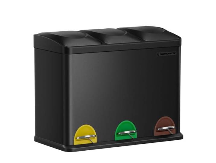 SONGMICS Mülleimer für die Küche, Treteimer mit 3 Fächern, 3 x 15 Liter Abfalleimer Mülltrennsystem, mit Inneneimern und Aufklebern, tintenschwarz, ISLAND Kollektion LTB45B