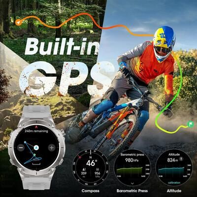 Uplift Essentials "Stratos 4 GPS Tactical Smart Watch 1.43"" AMOLED HD Display & Compass Pro Barometric Altimeter & Flashlight SmartWatc silver Steel 2a"