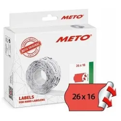 METO, Heft + Block, Etiket 26x16mm neon rød permanent 1000stk/rul 12rul/pak - (12 stk.)