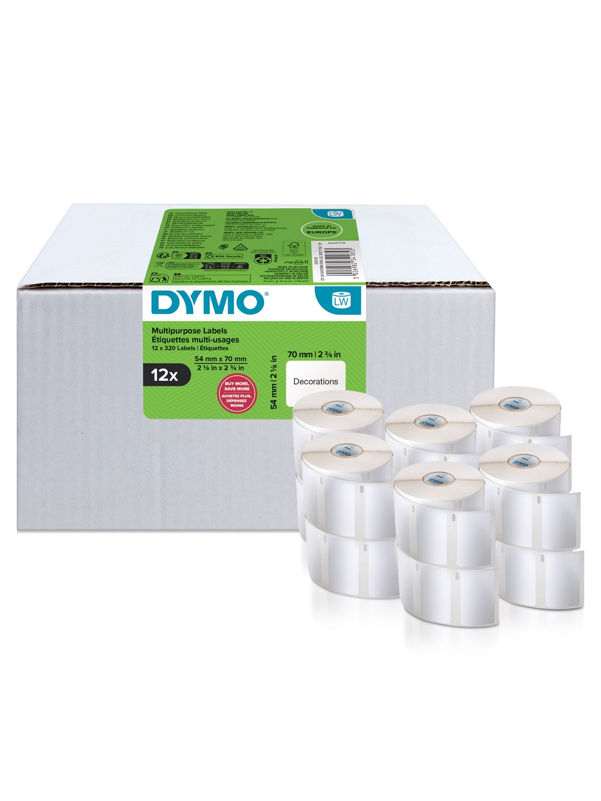 DYMO Authentic LabelWriter Multi-Purpose Labels | 54 mm x 70 mm | Self Adhesive | 12 Rolls of 320 Easy-Peel Labels (3.840 Count) | for LabelWriter Label Makers | Made in Europe
