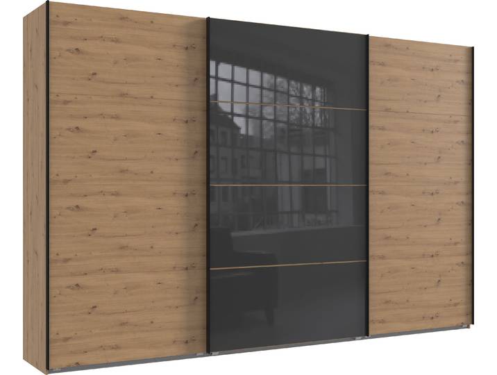 Schwebetürenschrank, Spanplatte, Artisan Eiche Nachbildung/Grau, 360×236×64 cm, Mit Glastür & 2 Stoffboxen, Wimex Norderstedt