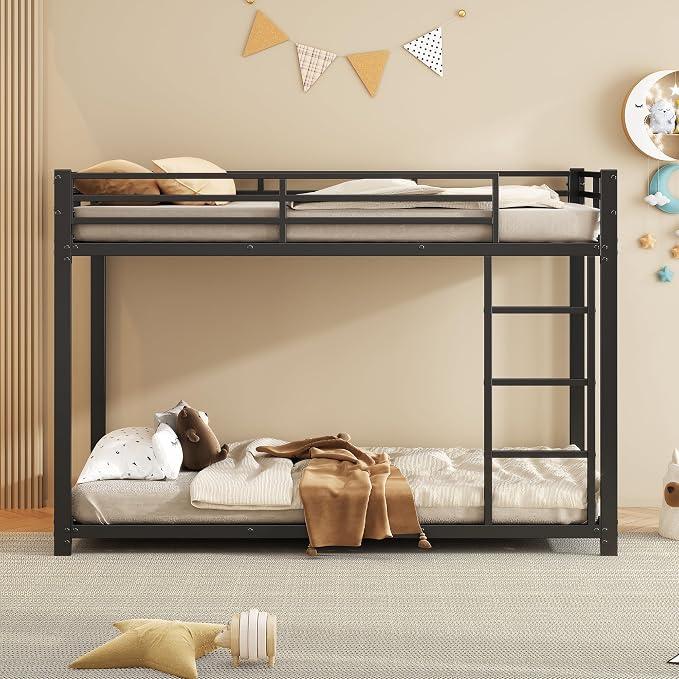 Etagenbett Kinderbett 90x200cm, Bettgestell Metallbett mit Leiter und Fallschutzgitter, Hochbett Eisenbett für Kinder Jugendliche und Erwachsene (Schwarz, 90x200cm)