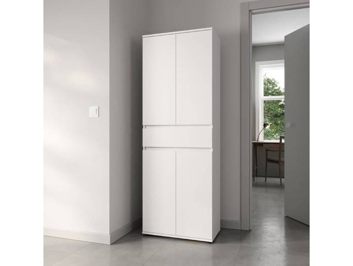 Armoire multi-rangement - 4 portes 1 tiroir - Armoire de bureau - 64x34x180 cm - Meuble de rangement - Blanc