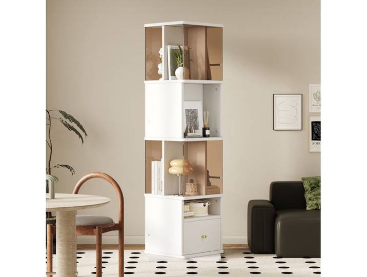MEUBLIV Vitrine pivotante 50 x 50 x 160 cm MDF mélaminé et verre teinté 1 tiroir blanc et marron
