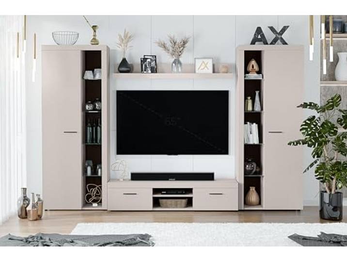 AXLIVING Wohnwand Spacoro XL 300 cm Beige, ohne LED Zwei Vitrinen, ein Wandregal und ein TV-Unterschrank bieten offene und geschlossene Fächer. Transparente Glasböden.