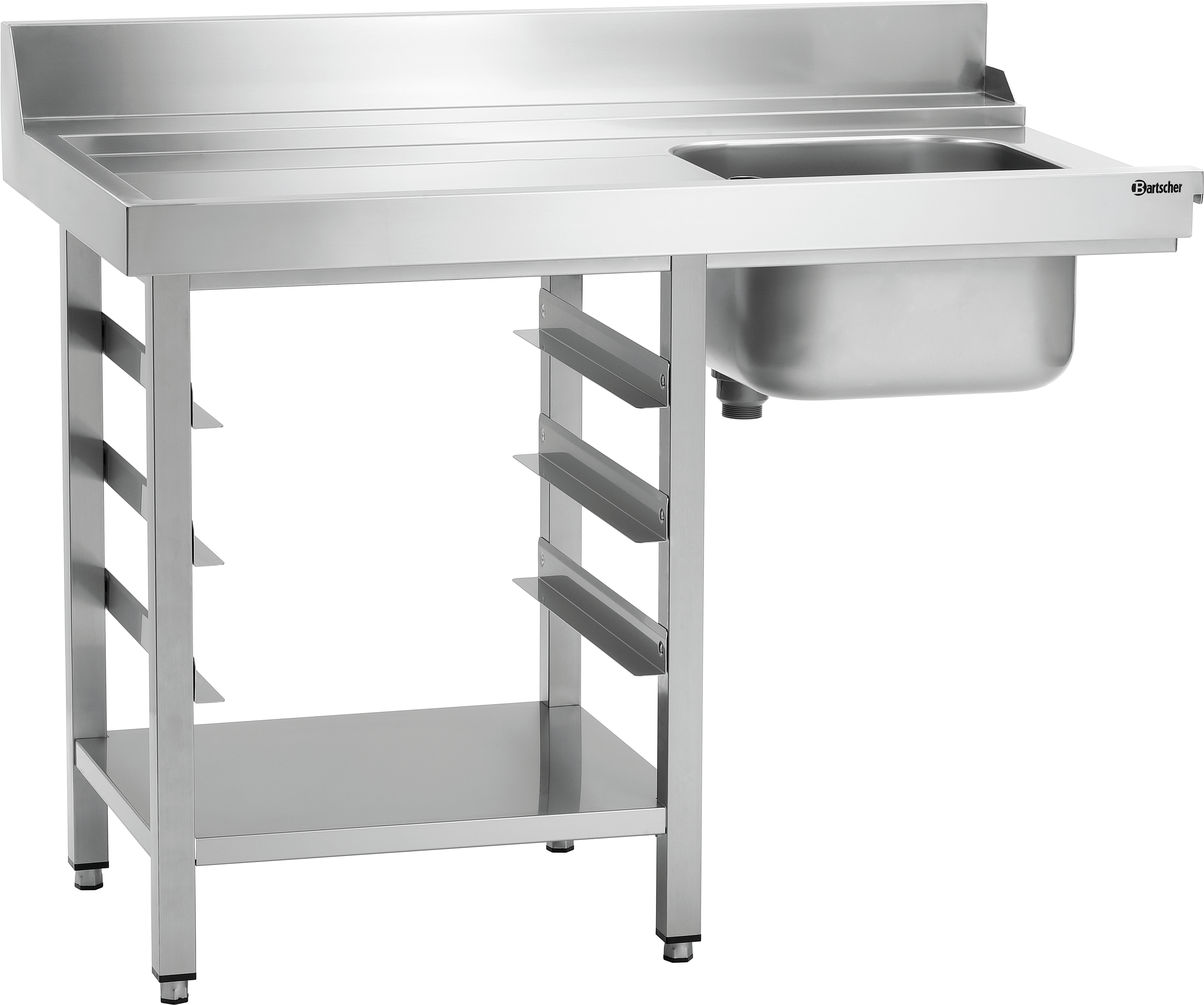 Bartscher Vorabräumtisch DS-LI1B SKE, Edelstahl, Spüle rechts, Spritzschutz, für Durchschubspülmaschine links, 1200x715x950 mm