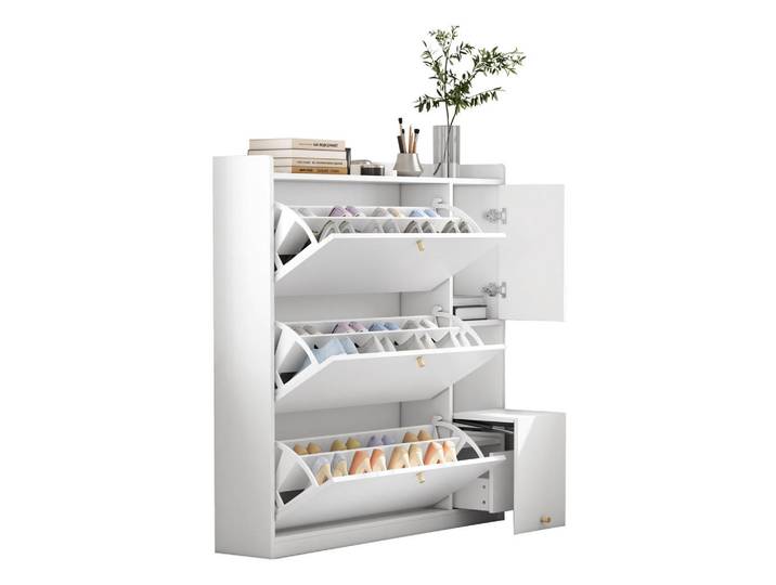Flieks Schuhschrank Kipp mit Sitzbank Weiß 119x24x122cm, 119x122x24 cm, Garderobe, Schuhaufbewahrung, Schuhkipper