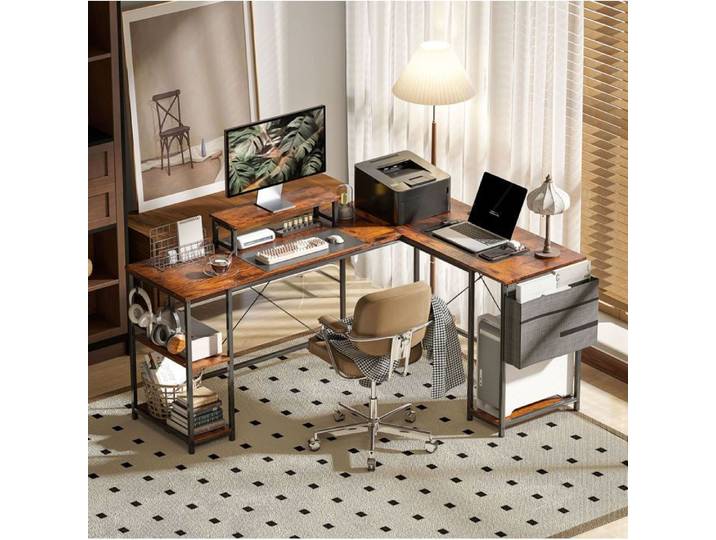 Bureau d'Angle Réversible avec Support Écran Étagères Poche Latérale et Support CPU - BEAUNIV - Bois Marron