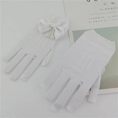 Girls White Lace Flower Girl Gloves With Pearl Bow For Communion & Wedding white