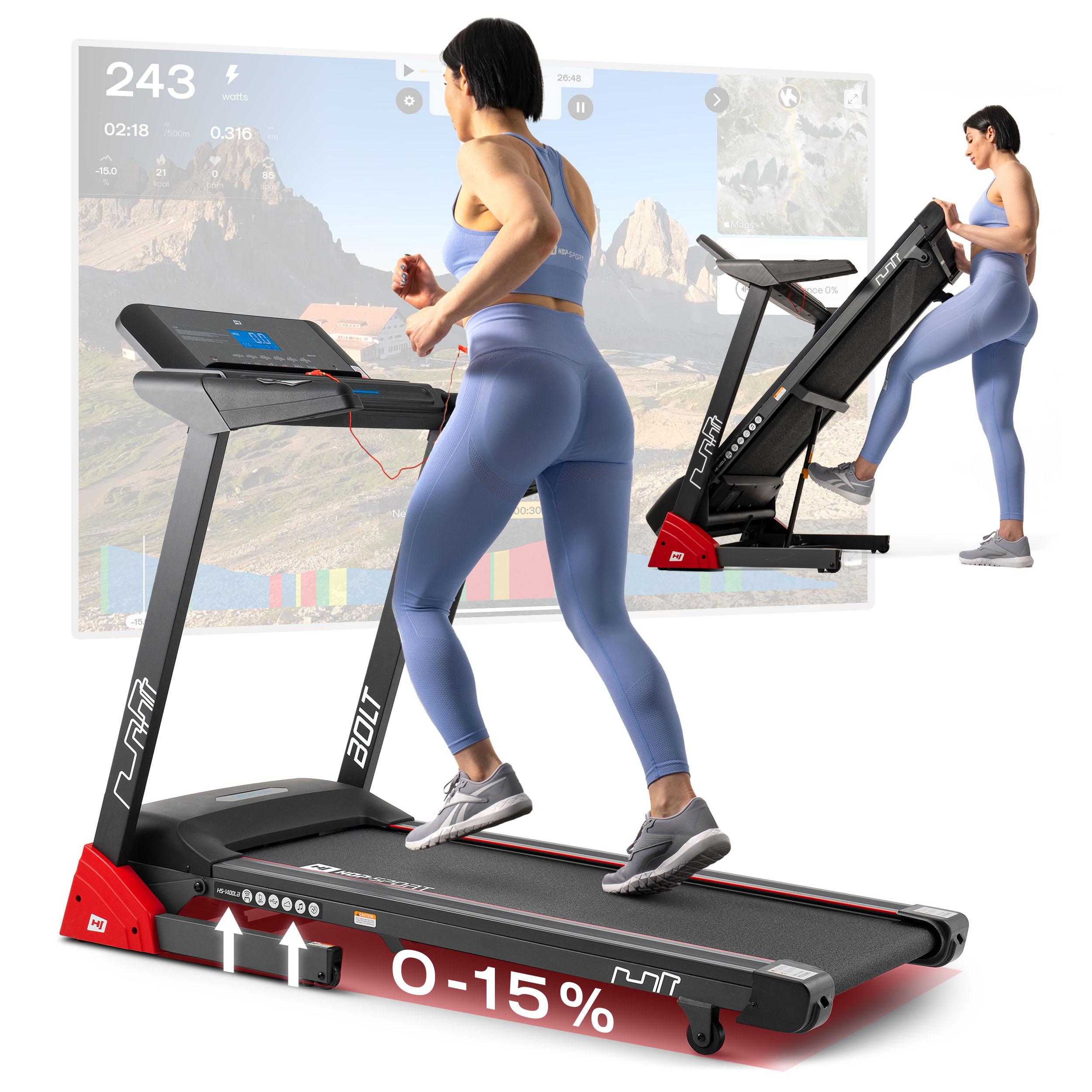 Hop-Sport Laufband für Zuhause HS-1400LB Bolt - klappbares Laufband mit App-Steuerung, LCD-Display, bis 14km/h