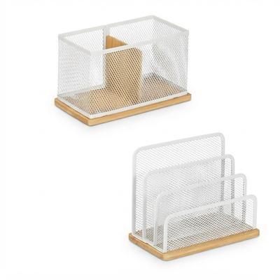 Relaxdays Schreibtisch Organizer Set 2-tlg., Metall, Briefständer & Stiftehalter, Büro-Organizer, Bambus, weiß/ natur