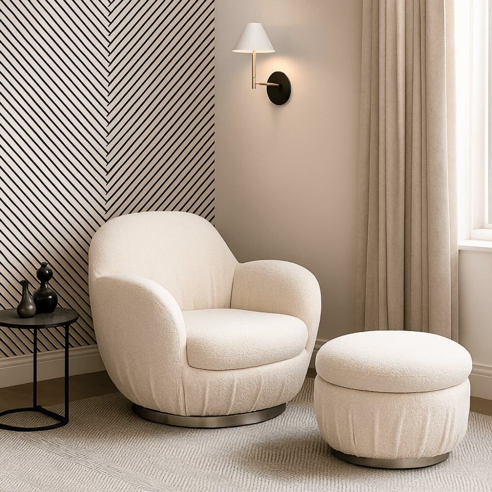 Kare Design Fauteuil pivotant en polyester bouclé crème Beige 88x90x77cm