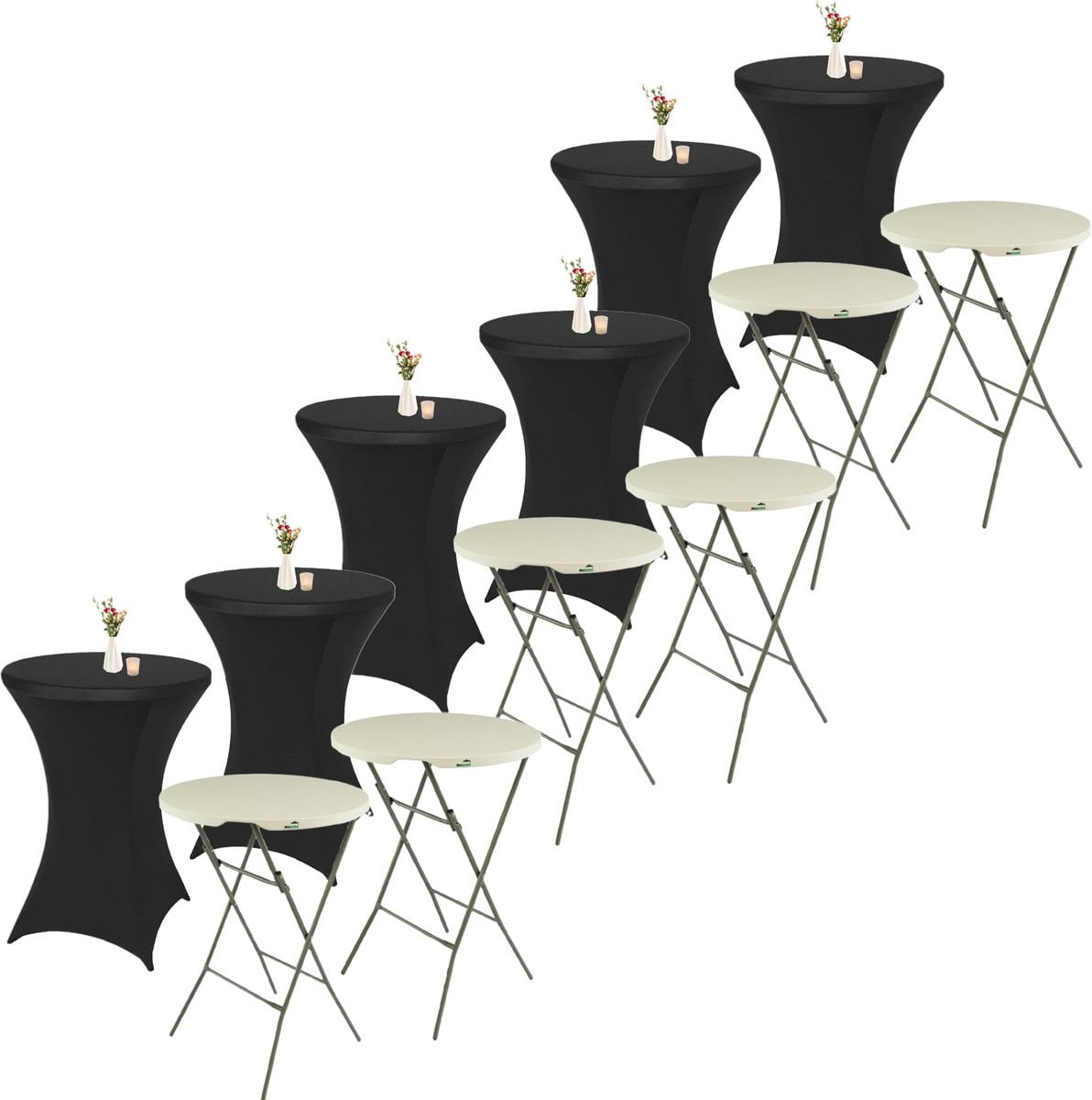 MaxxGarden Statafel Set met 6 zwarte tafelrokken en cover, Wit, ø80 x 115 cm