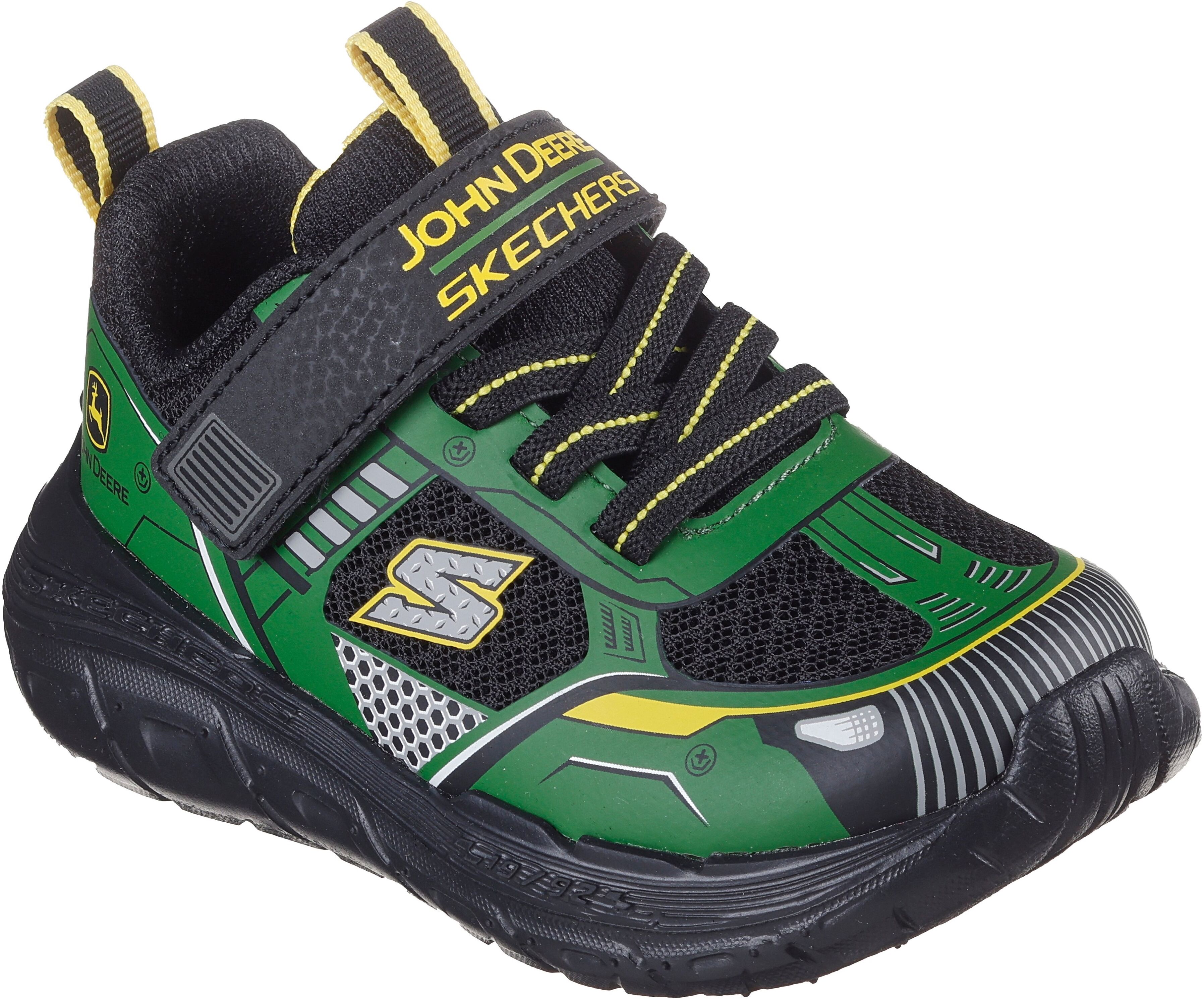 Sneaker SKECHERS "SKECH TRACKS-TRACTOR-TRONIX, John Deere", Jungen, Gr. 21, atmungsaktiv, grün (grün, schwarz), Lederimitat, Textil, kontrastfarbene Details, Schuhe Sneaker, Klettschuh im John Deere Design, Grössenschablone zum Download grün, schwarz 21, 