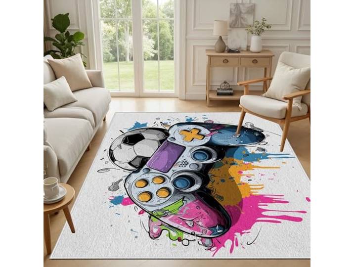 Yidbhsse Fußball Teppich - Fussball Teppich 200 x 300 cm, Spiel Controller Videospiel Sport Teppiche Waschbar rutschfest, Graffiti Gamepad Teppiche Jugendzimmer Jungen Schlafzimmer Wohnzimmer