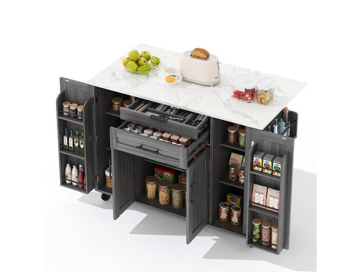 Gisaae Kücheninsel mobile ausziehbare, verdeckte Besteckschublade 136*45*92cm, Grau, Holz, Mode, Küche mit Insel,Rechteckig, 70x92x136 cm, Küchen, Küchenmöbel, Kücheninseln