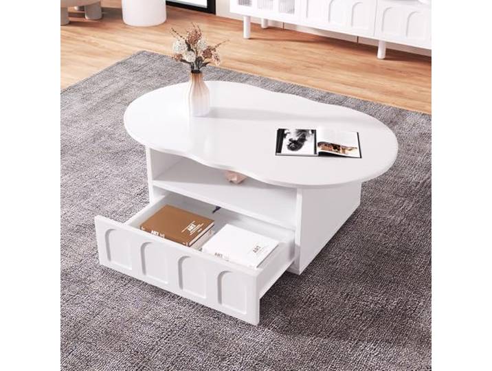 FurnitureR Eleganter Weißer Beistelltisch mit Geschwungenem Design, Moderne Wohnzimmermöbel, Stabiler MDF-Korpus, Vielseitige Einsatzmöglichkeiten für Zuhause und Büro