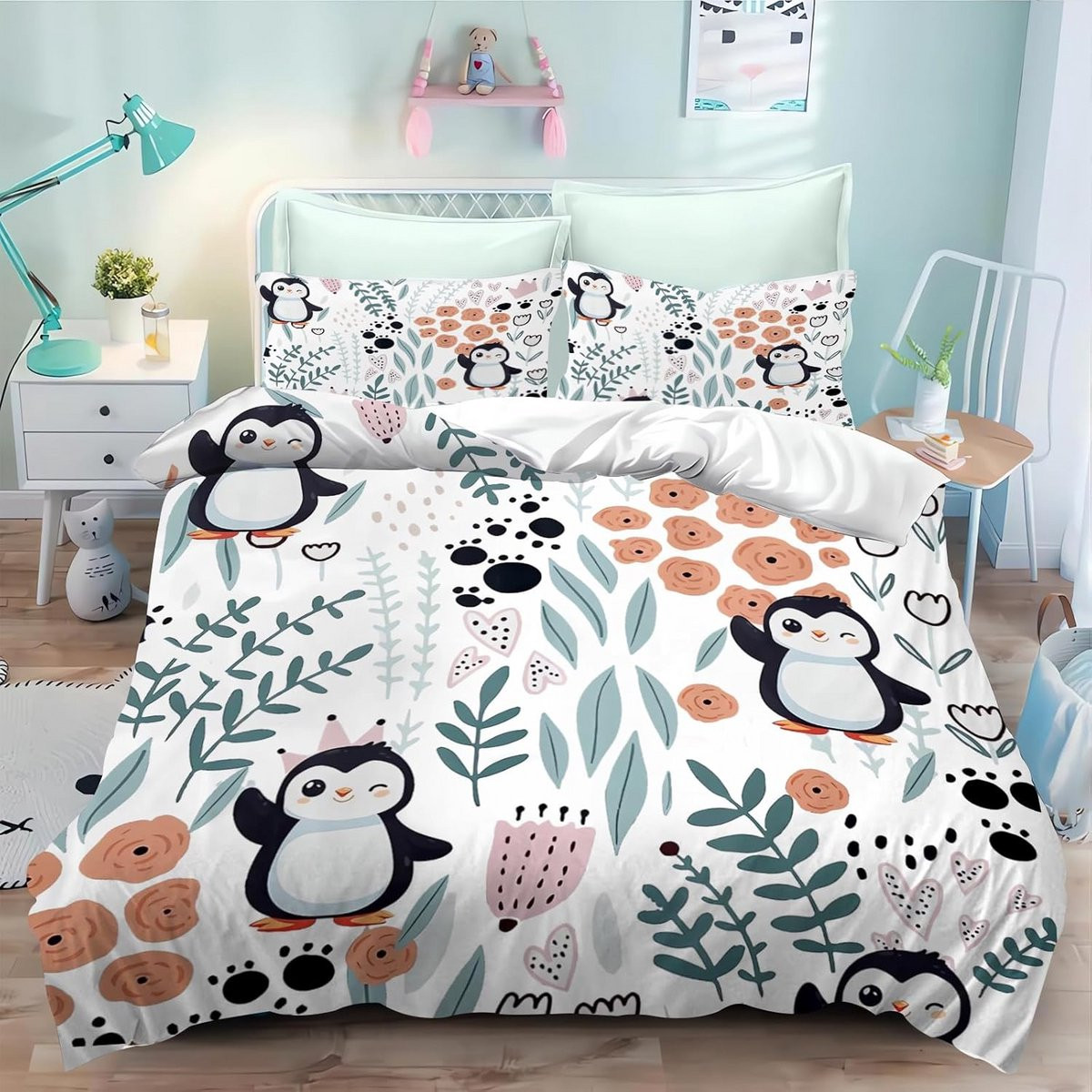 Kindelijk Flanellen Dekbedovertrekset met Schattige Pinguïn Print