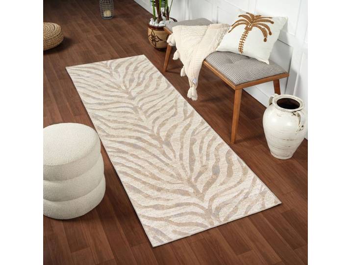 LIVABLISS Tapis de Couloir à Poils Courts Doux Zébré Bohème CYBELE 80x220cm Gris/Beige