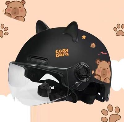 Multisell Products Hub Breathable Sunscreen Motorcycle Half Helmet, Capybara Sticker Electric Bicycle Helmet With Cat Ears black Lenses