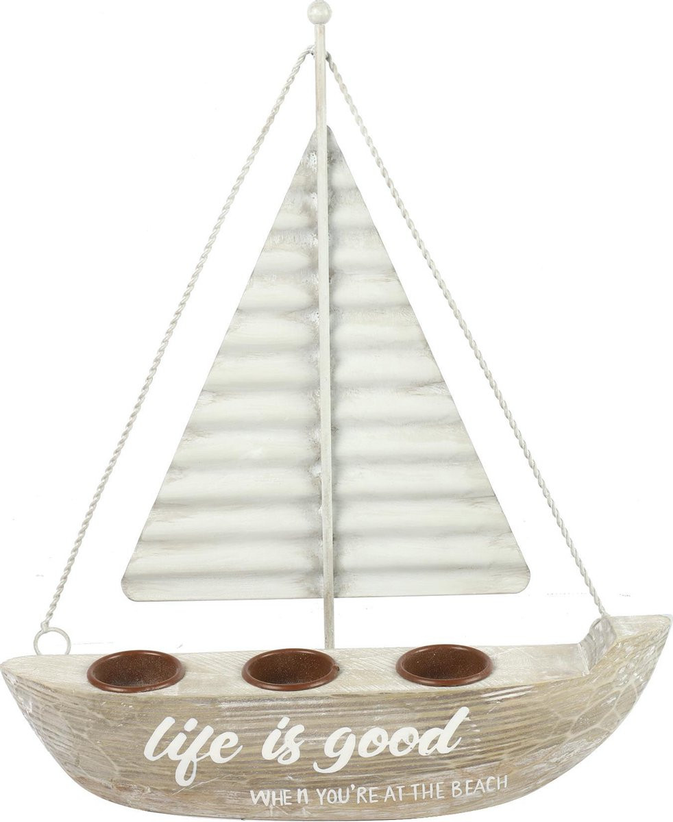 Theelichthouder Ponti L in kleur naturel met zeilboot design