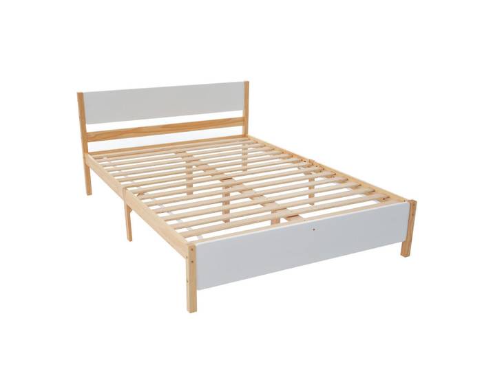 Modfu Doppelbett aus Kiefer und MDF 140x200 cm Weiß/Natur mit Lattenrost und stabilen Mittelfüßen, Naturfarben, Holz, 140x200 cm, Schlafzimmer, Betten