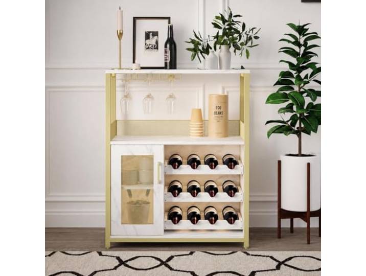 Weinregal 70x35x92 cm, Weiß & Gold Verstellbares Weinbarschrank, Glashalter, Industrial Design mit LED-Licht, für Küche, Esszimmer und Wohnzimmer