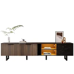 TV-Schrank 200x38x50 cm mit schwarzer Marmoroptik und LED-Beleuchtung, dunklen Holzmasertüren, zwei Türen und zwei Schubladen