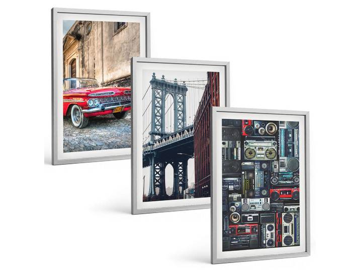 Tulup Bilder SET 3er Set - 40x60 cm Silberner Rahmen - Alte Autobrücke Brooklyn Retro-Audio, Silberfarben, Kunststoff, Rechteckig, 40x60 cm, einfache und schnelle Anbringung, Bilder & Rahmen, Bilder