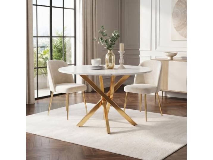 Merax Runder Esstisch 80x80x75 cm mit Marmoroptik, goldenen Beinen – Gold+Weiß