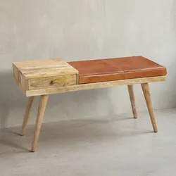 KADIMA DESIGN Retro-Stil Sitzbank: Stauraum, Ziegenleder-Bezug, 100x52x38 cm, Schublade, Anti-Rutsch-Noppen.