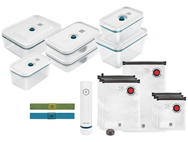 ZWILLING FRESH & SAVE Set de Démarrage Sous Vide 16 Pièces\, Verre\, Bleu Pompe sous vide\, boîtes en verre borosilicate\, lunch box et sacs sous vide en plusieurs tailles