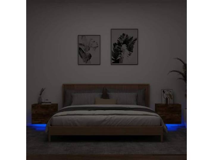 HEFZGDB Wand-Nachttische mit LED-Leuchten 2 STK. Räuchereiche RGB Beleuchtung USB Anschluss Holzwerkstoff Wandmontage Stauraum Lösung