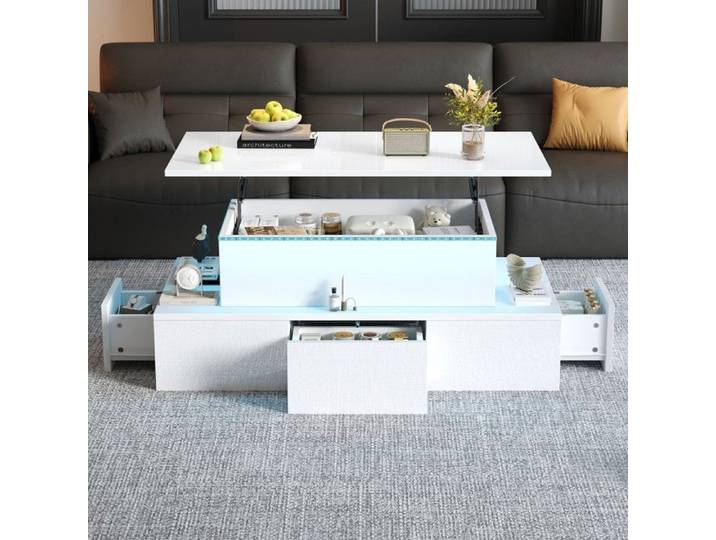 Table basse relevable blanc MDF laqué brillant 100x50x40cm LED 4 tiroirs rangement caché salon multifonction