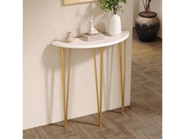 Vethenx Halbmond-Konsolentisch aus Holz,Schmaler Beistelltisch,Robust Schmaler Sofatisch,Schmal Konsolentisch,Halbrunder Tisch,,Schlankes Design,Leicht zu reinigen【Golden-L60×W25×H90cm】