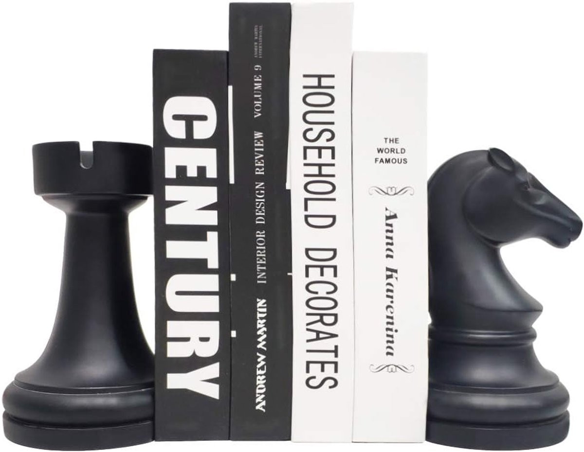 Decoratieve Zware Metalen Boekensteunen Schaakstukken - Stijlvolle Boekeneindsteunen Zwart