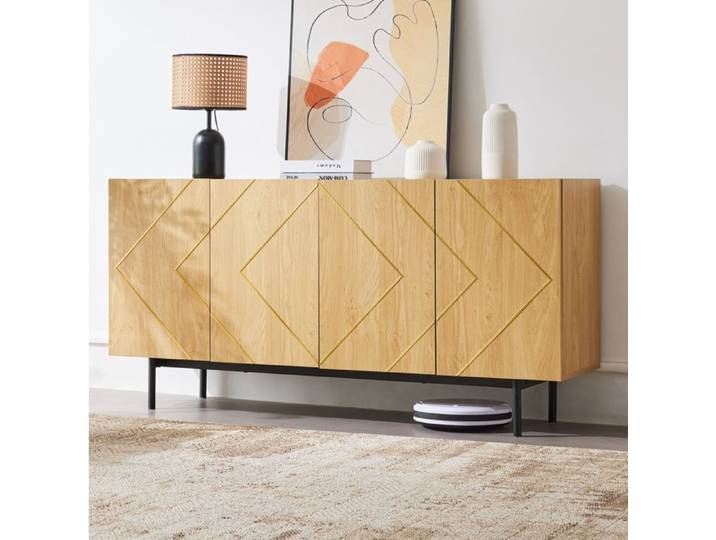 Buffet Bas moderne - 160x40x78cm - 4 Portes sans poignée - Rangement réglable - Couleur naturelle