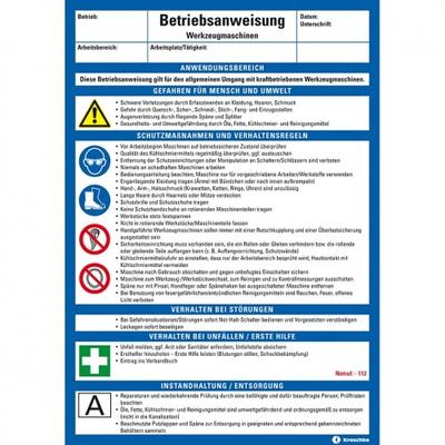 König Werbeanlagen Dreifke® Maschinenbetriebsanweisung Werkzeugmaschinen, Kunststoff, 210x297mm, ASR A1.3, DIN EN ISO 7010