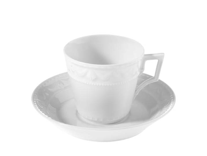 KPM Berlin KURLAND Kaffeetasse komplett, Obertasse + Untertasse aus Porzellan, Klassizismus-Tasse mit Untertasse, 0,15l handmade, weiß