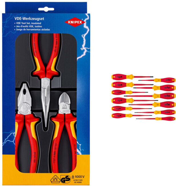 Knipex Set VDE-Zangenset Sicherheit 3-tlg. + Wiha Schraubendreher Set SoftFinish® electric slimFix gemischt 12-tlg.