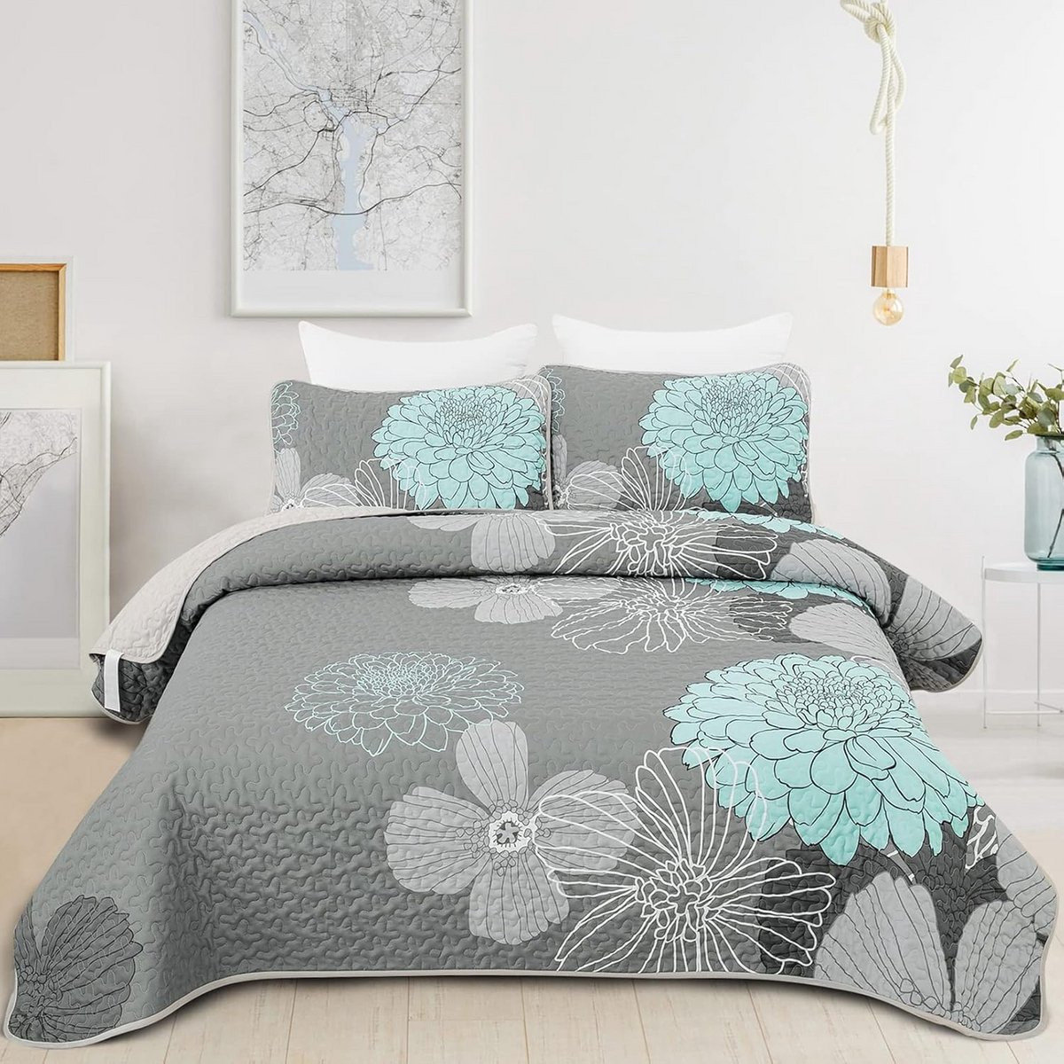 Groene Bloemen Sprei voor Tweepersoonsbed, Zachte Gewatteerde Zomerdeken