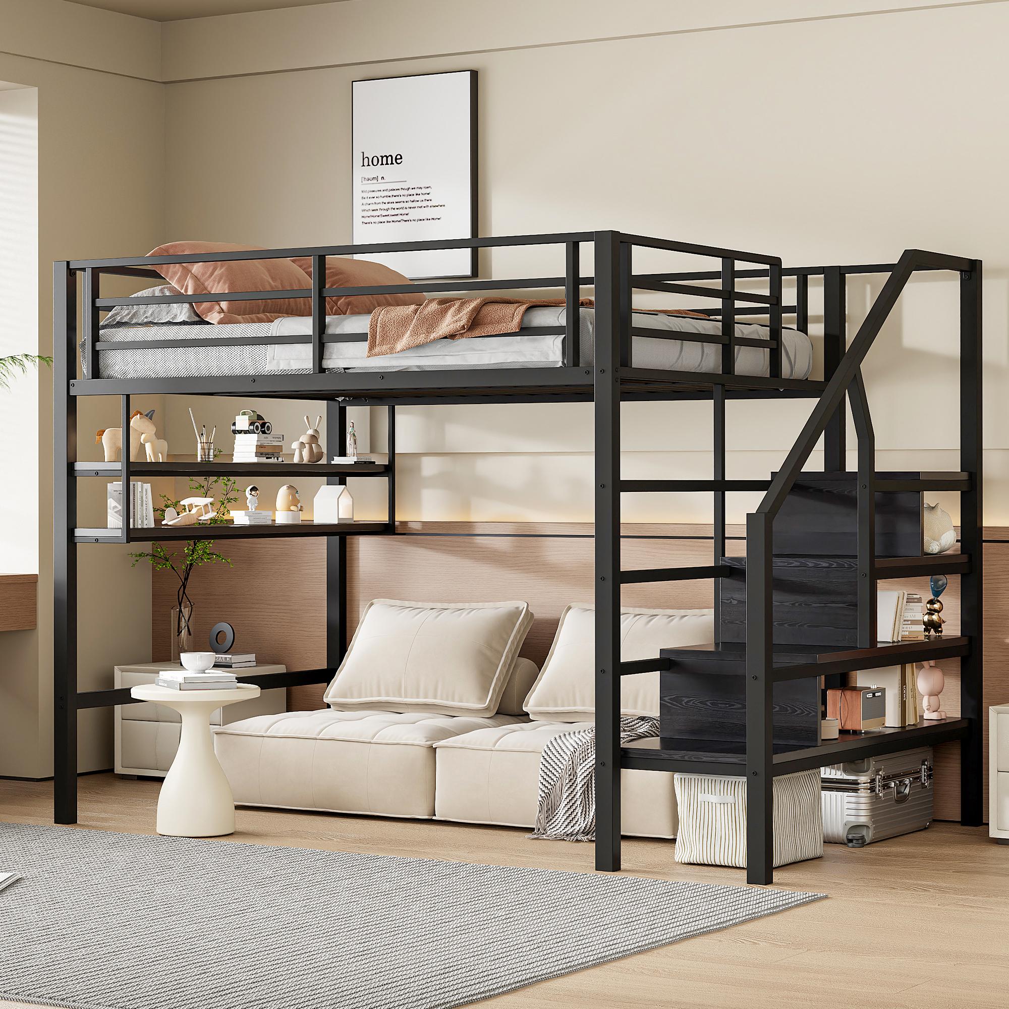 Hochbett, 140*200cm , Einlegeböden, Stauraumleiter, Freiraum unter dem Bett zum Verkleiden, Geländer, ohne Matratze, Schwarz