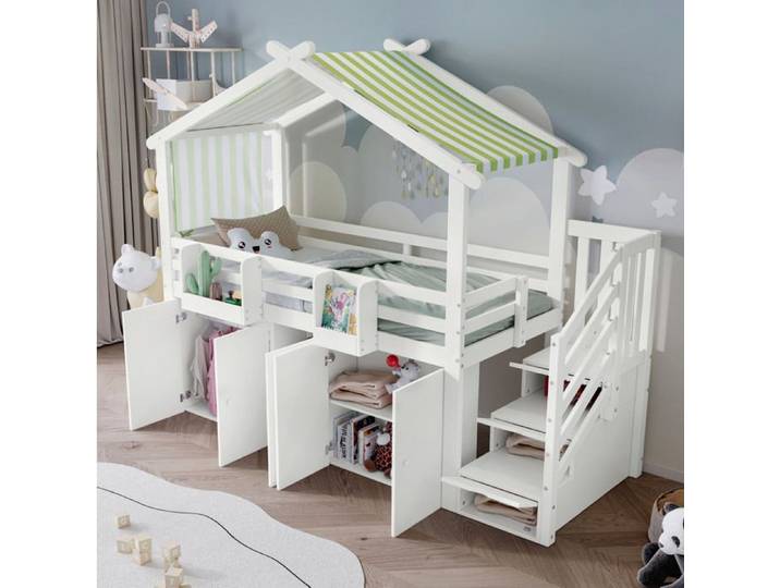 COVREO Lit cabane enfant surélevé 90x200 cm avec escalier de rangement penderie blanc et vert