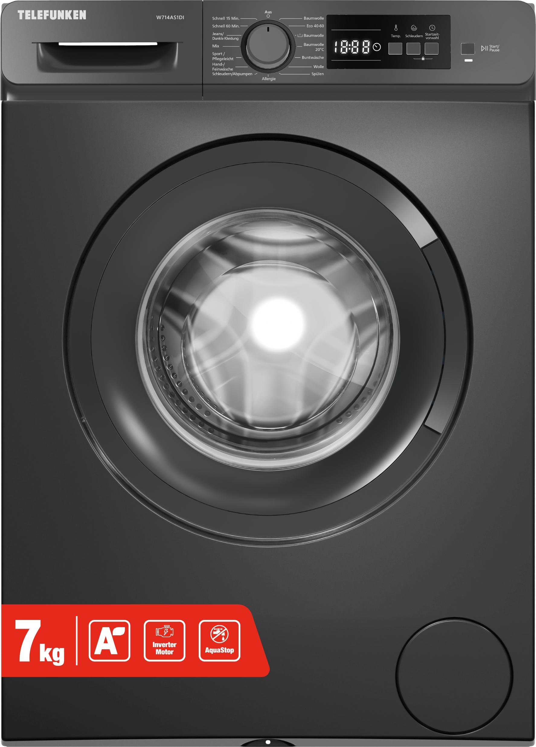 Telefunken Waschmaschine 7kg | Frontlader 1400 U/Min. | Inverter Motor | AquaStop | Schontrommel | W714AS1DI dark inox