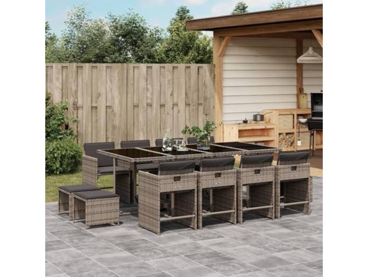 KTHLBRH Gartenmöbel-Set aus Polyrattan, 13-teilig, Grau 8 Klappstühle, 4 Hocker, Glastisch, waschbare Kissen, Outdoor