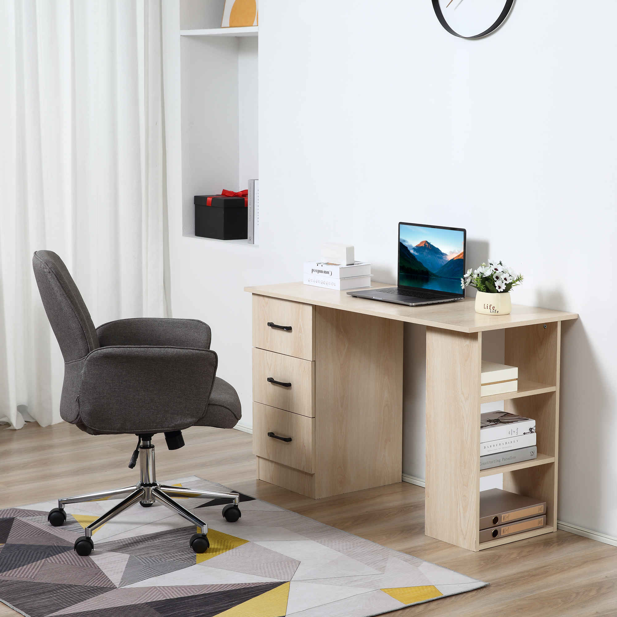 Homcom Scrivania Porta PC con 3 Cassetti e 3 Ripiani, Scrivania per Camera e Ufficio in Legno 120x49x72cm Aosom