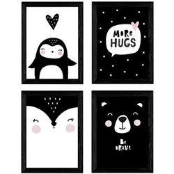 POSTER Set mit 4 „Pinguino, Fuchs und Bär umarmt“ Tiere A4 Rahmenlos