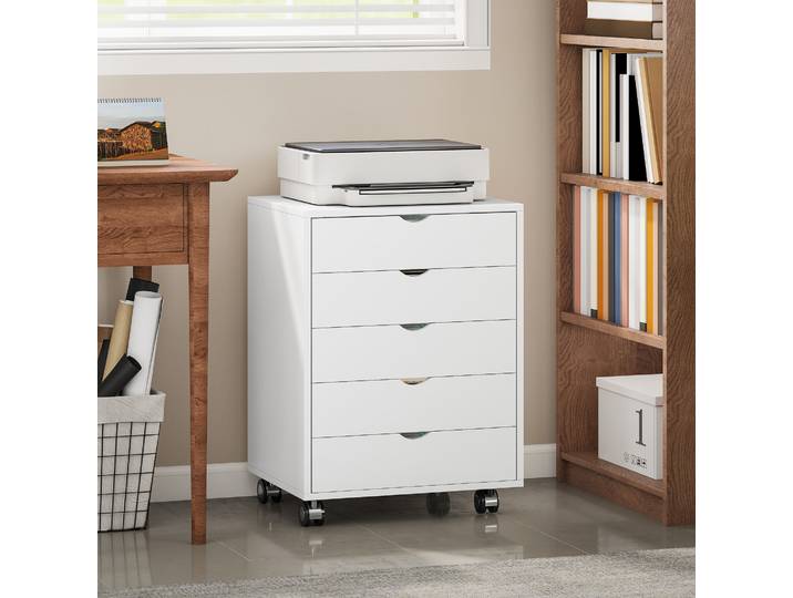 HOMCOM Caisson Bureau 5 Tiroirs A3 avec Roulettes Blanc