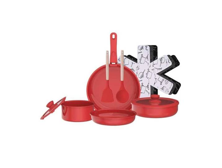 Batterie de cuisine 12 pièces Céramique Revêtement Anti-adhésif Tous Feux Dont Induction Rouge CARREFOUR HOME