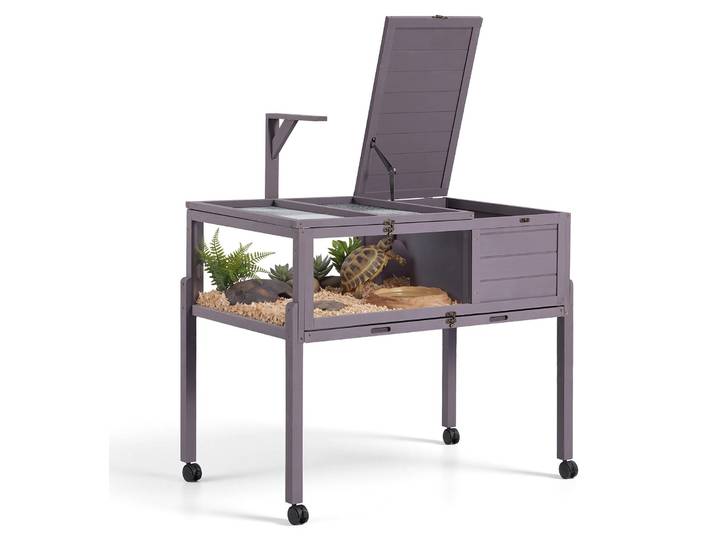 VEVOR - Maison pour tortues\, enclos pour reptiles\, cage de 1000x603x770 mm\, pour tortues\, en bois de pin\, avec 2 compartiments\, roulettes\, étagère coulissante\, support pour lampe\, couvercle rabattable et fenêtre de visualisation en acrylique